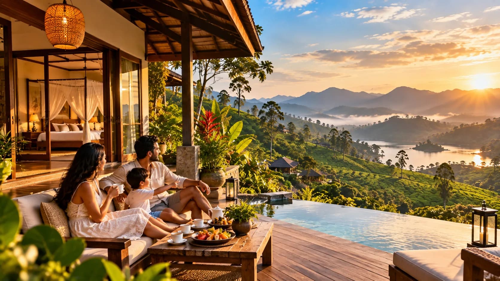 A boutique hillside villa in Sri Lanka at sunset